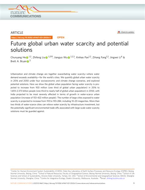 Future global urban water scarcity and potential solutions.